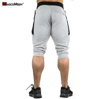 MAGCOMSEN ผู้ชายออกกำลังกาย Joggers กางเกงขาสั้น34ความยาวผ้าฝ้ายฤดูร้อนกางเกงกระเป๋าซิป Drawstring ยิมฝึกอบรมการออกกำลังกายกางเกงขาสั้น