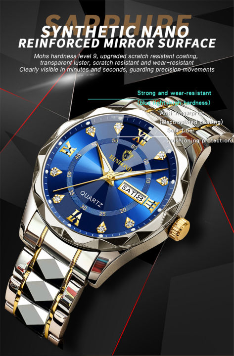 aylwbk-นาฬิกาสำหรับผู้ชายแท้กันน้ำได้-นาฬิกาควอทซ์ผู้ชายสายเหล็กสเตนเลสของขวัญนาฬิกากันน้ำได้มีสองปฏิทิน