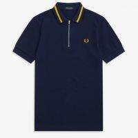 FRED PERRY ใหม่ FredPerry เม็ดซิปกับ British Man Chun Xia พิมพ์แรงดันสูงพิมพ์ลายดอกไม้แขนเสื้อโปโล