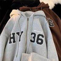 ใหม่ตัวอักษรพิมพ์ซิป Hoodie High Street Harajuku สไตล์ Retro เสื้อคู่แฟชั่นสไตล์เกาหลีเรียบง่ายแขนยาว Top