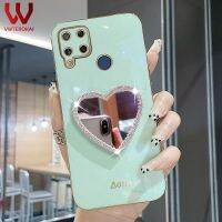 VWTEROKAI C55 Realme C35 C30 Realme OPPO,C51 C53 NFC C21Y C12 C15 C25 C17 C33เคสโทรศัพท์กระจกแต่งหน้าแฟชั่น5 C2 6i 5i 5มือโปร10 Pro แฟชั่นสุดหรูรักรูปหัวใจพร้อมขาตั้งป้องกันการกระแทกแบบนิ่มปกหลัง