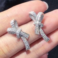 【DT】hot！ Huitan Sparkling Bow Stud Earrings Luxury Paved Ear for Wedding Engagement Jewelry