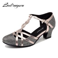 hot【DT】 Ladingwu Glitter Latin Shoes Mid Heel Ballroom Womens Tango Gold Sandals