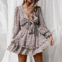 【Ladies shop】 CUPNICE WomenV คอ SexyFloralPrint Self Tie Knot FrontFemale ShortLoose Party Dress