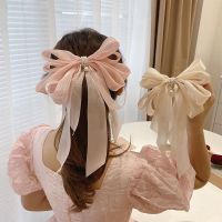 New Organza Bowknot Pearl Hair Clip French Temperament Spring Clip Retro Fashion Hair Clip