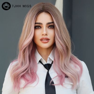 7JHH WIGS Long Wavy Ombre Blond To Pink Blonde Wigs for Women Daily Cosplay Synthetic Middle Part Hair Lolita Wigs High Quality