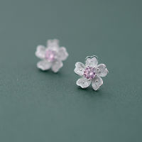 ต่างหูดอกไม้ Charm Flower Crystal Silver Earrings Korea Popular Peach Blossom Stud Earring for Women Girl Jewelry Party Wedding