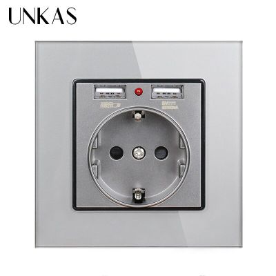 UNKAS Crystal Glass Panel Dual USB Charging Port 2.1A 16A Russia Spain Wall Socket EU Power Outlet White/Black/Gold/Grey