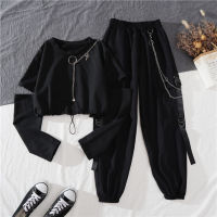 2021 Autumn Streetwear Y2k Pants High-Waist Straight Ribbon Cargo Pants Student Loose ShortSleeved Shirt with Tie two piece Set