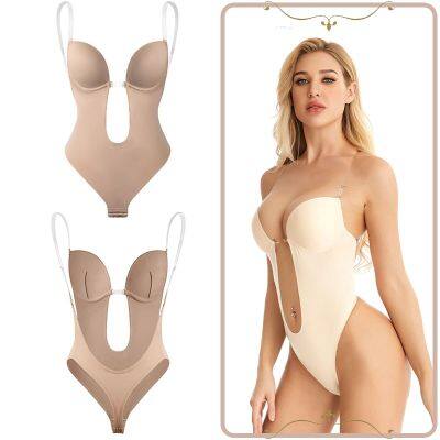 [Cos imitation] ผู้หญิงเซ็กซี่บอดี้สูทรัดตัวลึก V Backless Shapewear U Plunge Thong เอวเทรนเนอร์สายคล้องคอ Body Shaper Push Up เบาะรัดตัว