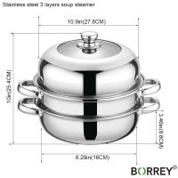 BORREY Stainless Steel Induction Cooker Metal Steamer Pan Steamer Pot Soup Pot Steamer Basket Double Boiler 3 Layers Pot 28CM