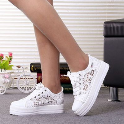 Summer Women Shoes Casual Cutouts Lace Canvas Shoes Hollow Floral Breathable Platform Flat Shoe White Black 368