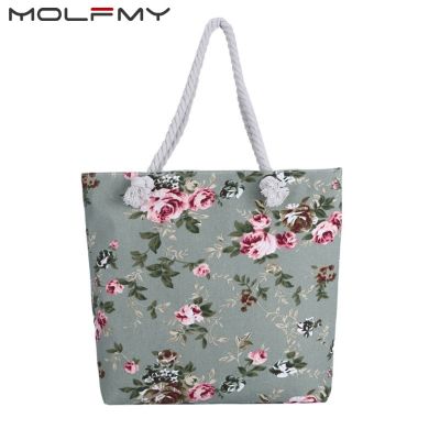 Summer Ladies Flower Printed Canvas Beach Handbag Portable Large Capacity For Female Single Shoulder Casual Tote Bags Dropship