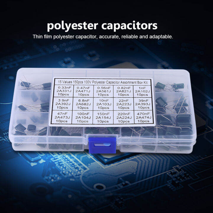 150pcs Polyester Capacitors 100V 15 Value 0.33nF470nF Film Capacitors