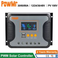 Powmr PWM 60A 30A 80A เครื่องควบคุมการชาร์จพลังงานแสงอาทิตย์ทำงานกับแบตเตอรี่12V 24V 36V 48V หน้าจอ LED USB 5A/2A พีวีสูงสุด100V Slient