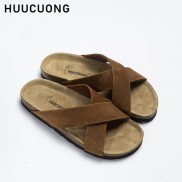 Dép unisex HuuCuong quai chéo da bò đế trấu handmade