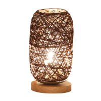 Bedside LED Table Lamp Rattan Lampshade Wood Base Modern USB Powered Rustic for Household Bedroom Ornaments