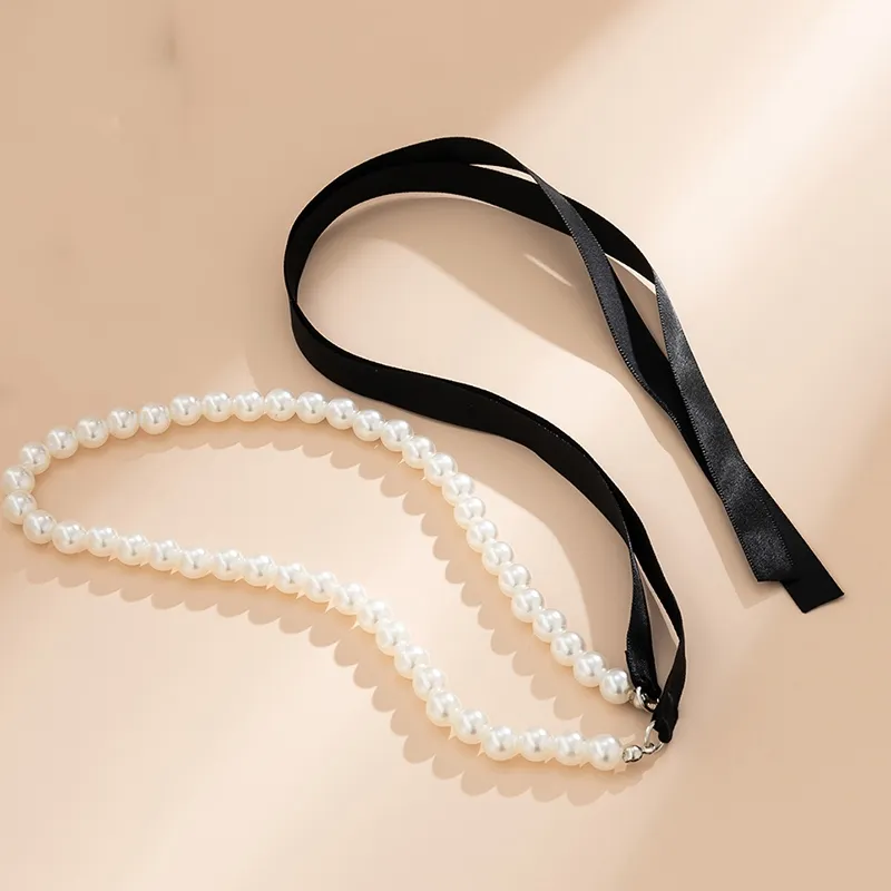 Trend Wedding Party Jewelry Long Black Ribbon Choker Necklace for Women Elegant White Imitation