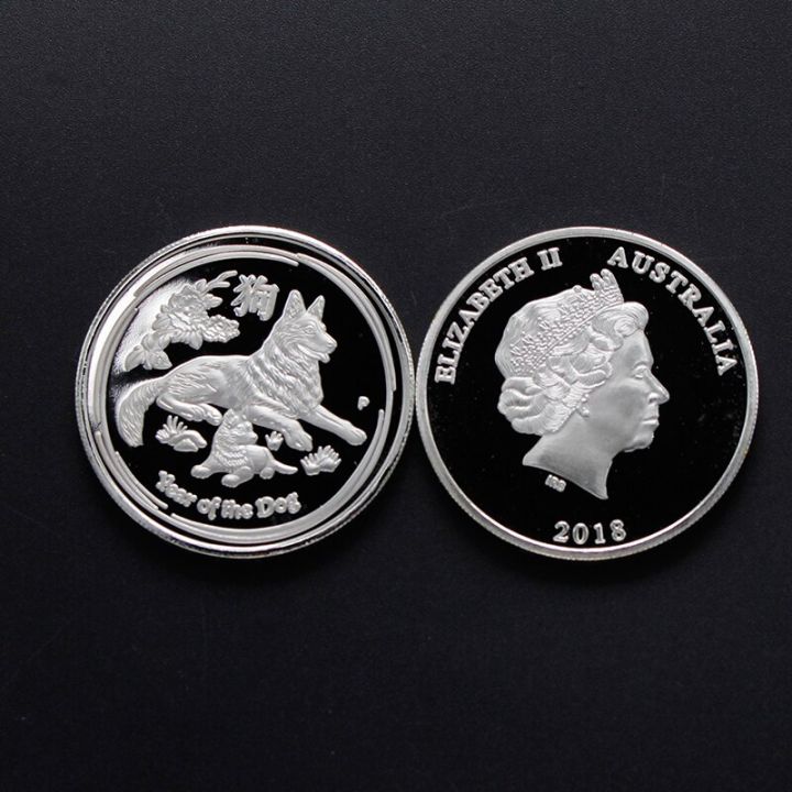 เหรียญที่ระลึกจักรราศีจีน2ชิ้น-ล็อต2018เหรียญสุนัขขนาด1ออนซ์40มม-สีเงินชุบทองปีปล่อยออกมาใหม่