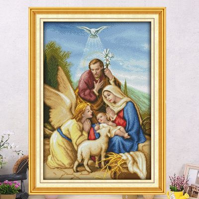 รอบเจาะ5D DIY ภาพวาดเพชร "เทวดามาพระเยซูครอบครัว" 3D เย็บปักถักร้อยปักครอสติ5D ตกแต่งบ้าน