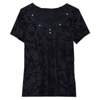 【Ready】? Summer lace short-sleeved top womens new black v-neck slim fit elastic mesh t-shirt fashion western style small shirt