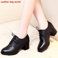 Elegant lace-up small leather shoes Shoes version thick heel round head black work shoes spring autumn new fashion joker single shoes comfortable simple womens shoes