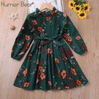 Humor Bear Girls Dress Autumn Winter Long Sleeve Floarl  Printed  Priness Dresses  Warm Christmas Toddler Clothes  With Bow Belt