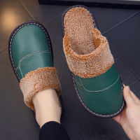 2022 Genuine Leather Waterproof Faux Fur Indoor Slippers Women Winter Non-Slip Warm Plush Home Uni Slides Outdoor Shoes