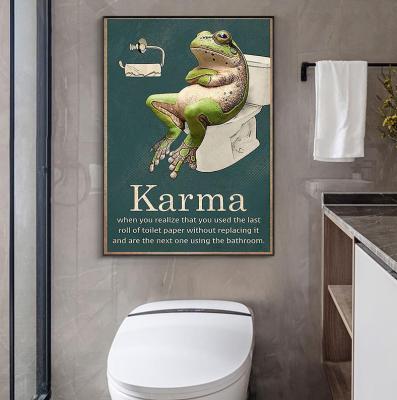 กบตลกห้องน้ำผ้าใบอ้าง Karma Wall Art ภาพวาดผ้าใบ Retro โปสเตอร์และพิมพ์ภาพผนังสำหรับห้องน้ำ Washroom Decor