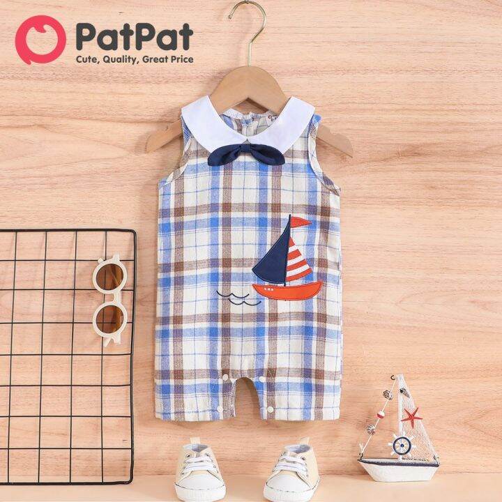 PatPat Baby Boy Buttons Sailboat Embroidery Plaid Bow Tie Bodysuit Lazada