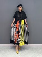 XITAO Shirt Dress Print Striped Loose Single Breasted Dress   Casual Fashion Women