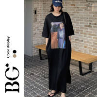 Summer Korean Style Dress Womens Printed Long Knee-Length Skirt plus Size Short Sleeve MNK23