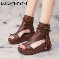 WGZNYN Women Summer Sandals Mid Heels Wedges Shoes Ladies Vintage PU Leather Plus Size Sandalias Mujer Sapato Feminino 2021