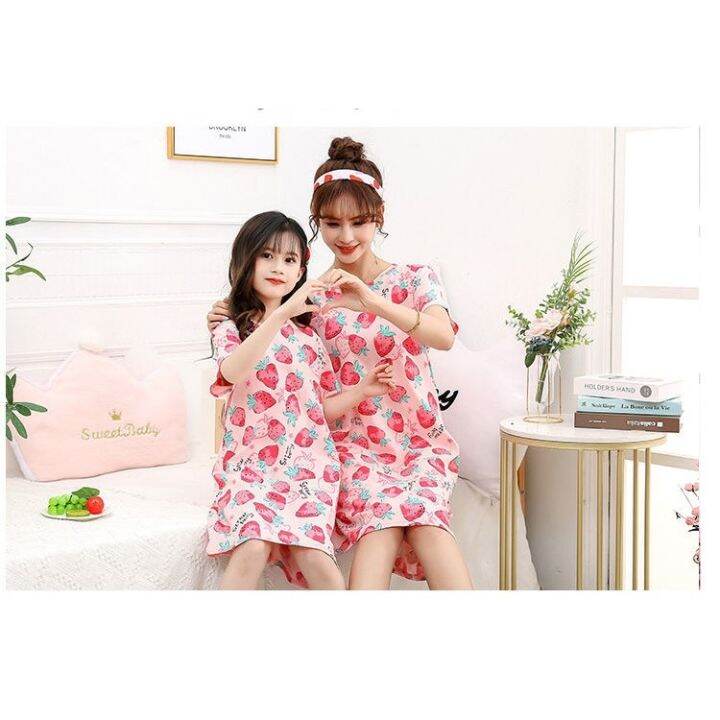 ready-stock-cotton-kids-dress-korean-girl-nightdress-short-sleeve-kids-pyjamas-girl-pajamas-parent-child-dress-baby-girl-dress-mom-dress-mother-and-daughter-sleepwear-nightwear-kids-sleepwear