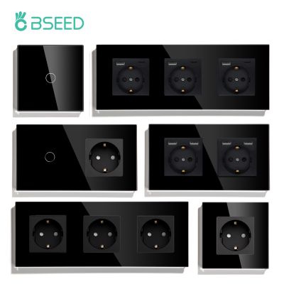 ۩ BSEED Touch Light Switch With EU USB Wall Sockets Black Wall Led Switches 1/2/3Gang 1Way Crystal Dark Blue Backlight Wall Switch