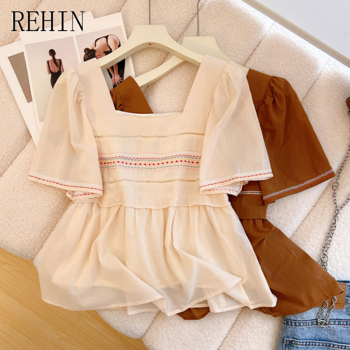 rehin-เสื้อเชิ๊ตผู้หญิง-เสื้อเชิ๊ตแขนพองคอสี่เหลี่ยมสไตล์ฝรั่งเศสเสื้ออินเทรนด์เสื้อชีฟองดีไซน์ใหม่สัมผัสไม่เหมือนใครสำหรับ2023ฤดูร้อน