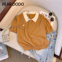 PEAR DODO เสื้อยืดแขนเสื้อสั้นถักสั้นสำหรับผู้หญิงแนววินเทจแนวเกาหลี