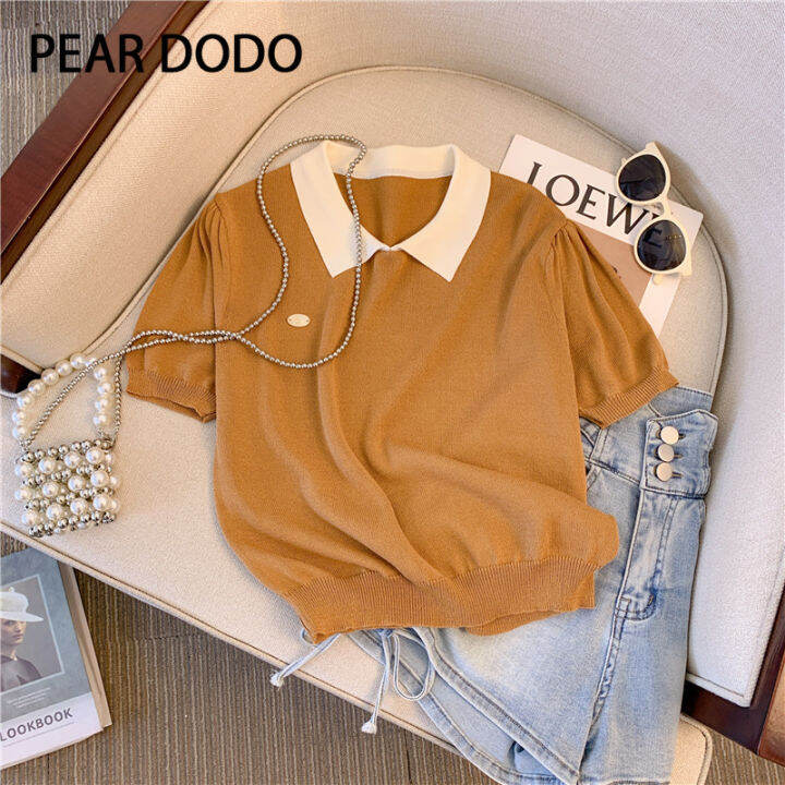 Pear Dodo Korean Vintage Polo Neck Short Knitted Short Sleeve T Shirt For Woman Lazada Ph 0652