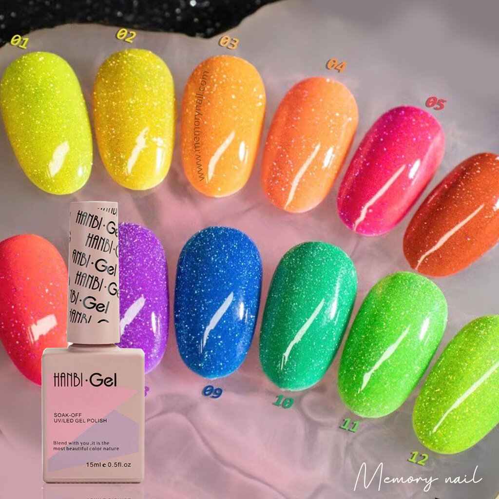 ราคา (( แฟลชนีออน HANBI ชุด12สี ))   สีเจล แฟลช นีออน Flash Glitter Gel สีทาเล็บเจล สะท้อนแสงแฟลช ✨✨ แถมชาร์ตสี