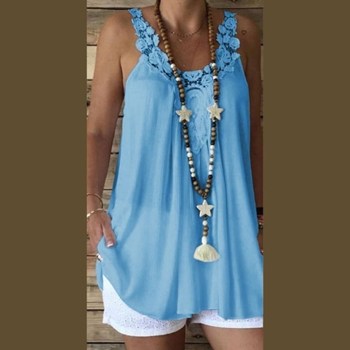 women-fashion-plus-size-loose-casual-pure-color-lace-sleeveless-camisole-summer-tank-tops