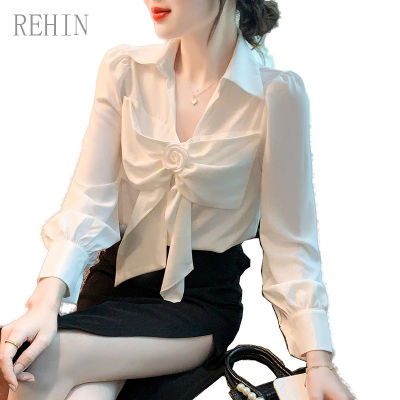 REHIN เสื้อดีไซน์เรโทรใหม่ฤดูใบไม้ผลิ2022เสื้อชีฟองแขนยาวสีขาวเสื้อคอวีผูกโบว์ขนาดใหญ่สำหรับผู้หญิง
