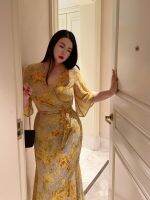 【YF】 French style floral print wrap around body large size belly covering slimming holiday long dress skirt