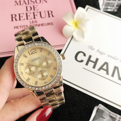 แฟชั่นสีทองนาฬิกาข้อมือธุรกิจผู้หญิงใหม่ Gratis Ongkir นาฬิกาควอตซ์เพชรสายรัดเหล็ก