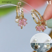 【 Jettingbuy 】ต่างหูมุกดอกไม้สี่ใบคริสตัลสีชมพูสำหรับผู้หญิง,เซลแฟลชไดรฟ์ขายดีต่างหูตาข่ายสีแดงสุดหรูระดับไฮเอนด์อารมณ์ทันสมัยใหม่