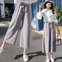 กางเกงขายาวทรงขากว้าง กางเกงขากระบอก กางเกงเอวยืด Korean Plus Size Elastic Waist Tie Bow Wide Leg Nine Casual Straight Long Pants