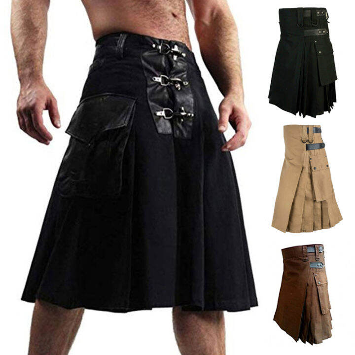 Vintage gotico punk rock in pelle patchwork Pocket Knight Rock uomo guerriero medievale kilt moda costume scozzese carnevale tradizionale kilt, A marrone., S