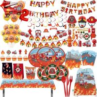 ▧ Fire Truck Party Supplies Plates Napkins Cups Tablecloth Banner Firefighter Sam Party Decorations Kids Boys Home Decor Outdoor