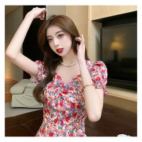 French retro mini dress  ชุดกระโปรงสวยๆ  ชุดเดรสแฟชั่น  womens summer floral puff sleeves cute a-line dress