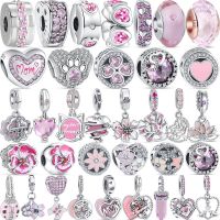 925 Solid Silver Pink Series Flowers Heart Mom Zircon Pendant Sweet Beads Fit Original Pandora Charms Bracelet Fine Jewelry Gift