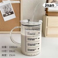 Jnan 1000มล. แปรงแก้วพร้อมหลอดแก้วน้ำมีหลอดแก้วบอโรซิลิเกตทรงสูงและฝา Botol Minuman จุน้ำได้เยอะสำหรับสำนักงานนอกบ้าน